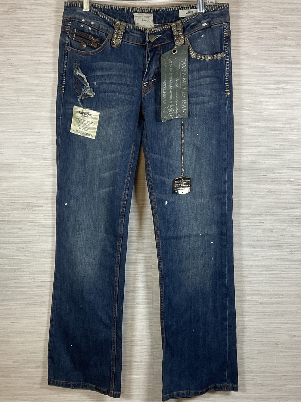 Vintage Taverniti So Janis Distressed Jeans 2004 Metal Accents Splatter NWT 30